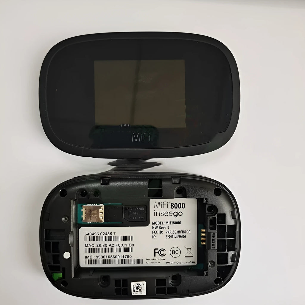 Black mifi8000 4G portable wireless router with battery and cable, showing compact size.