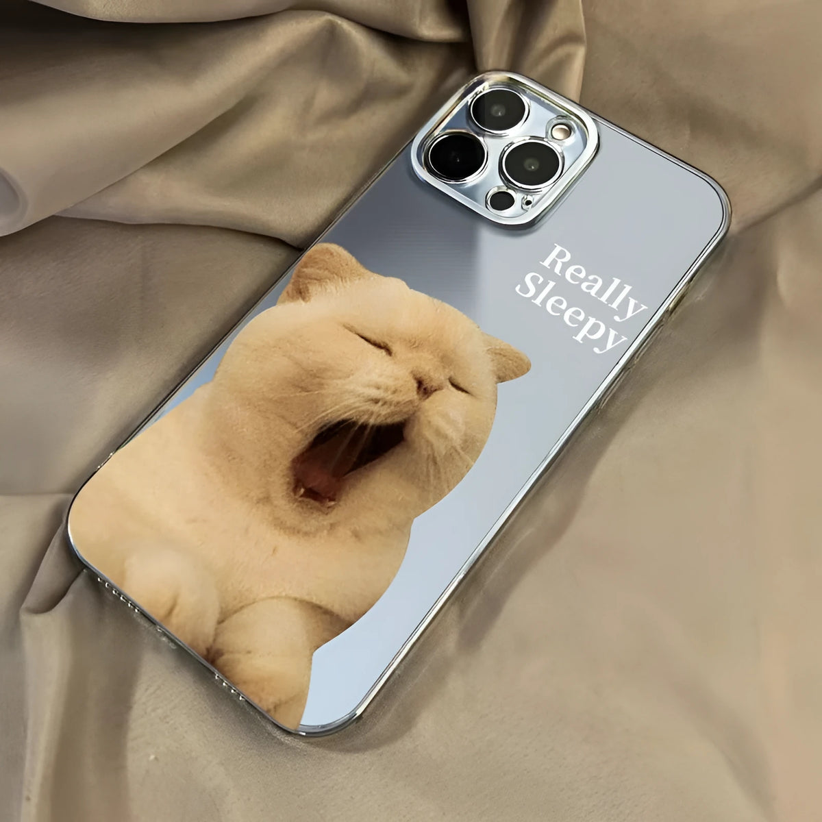 Simple Sleepy Yawn Cat phone case in black TPE with shockproof protection and built-in bracket for iPhone