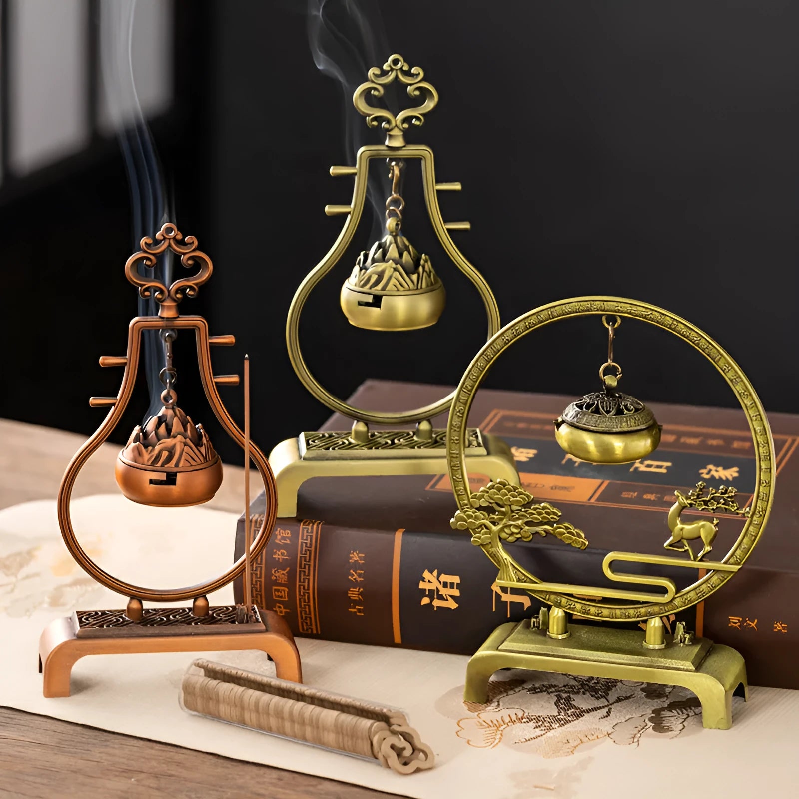 Bronze alloy hanging aromatherapy furnace with Magpie branch-Lotus motif for tea ceremony decor