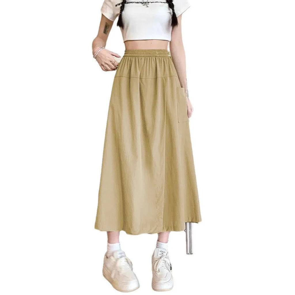 Camel coloured women's wide leg skirt with elastic waist and drape detail
