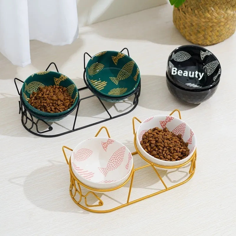 Ceramic double cat bowl set with fixed tilted stand, 26.5 x 12.5cm, 300ml bowls in white with gold cat ear stand