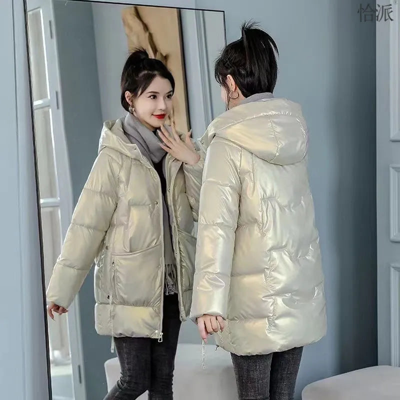 Women's loose thick hooded winter jacket in acrylic fabric, shown in black, blue, champagne, or green.