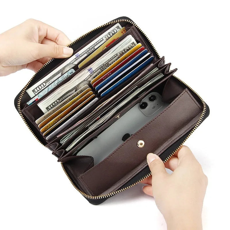 Long genuine leather women's wallet in a choice of six colours, showing large capacity and anti-theft card feature.
