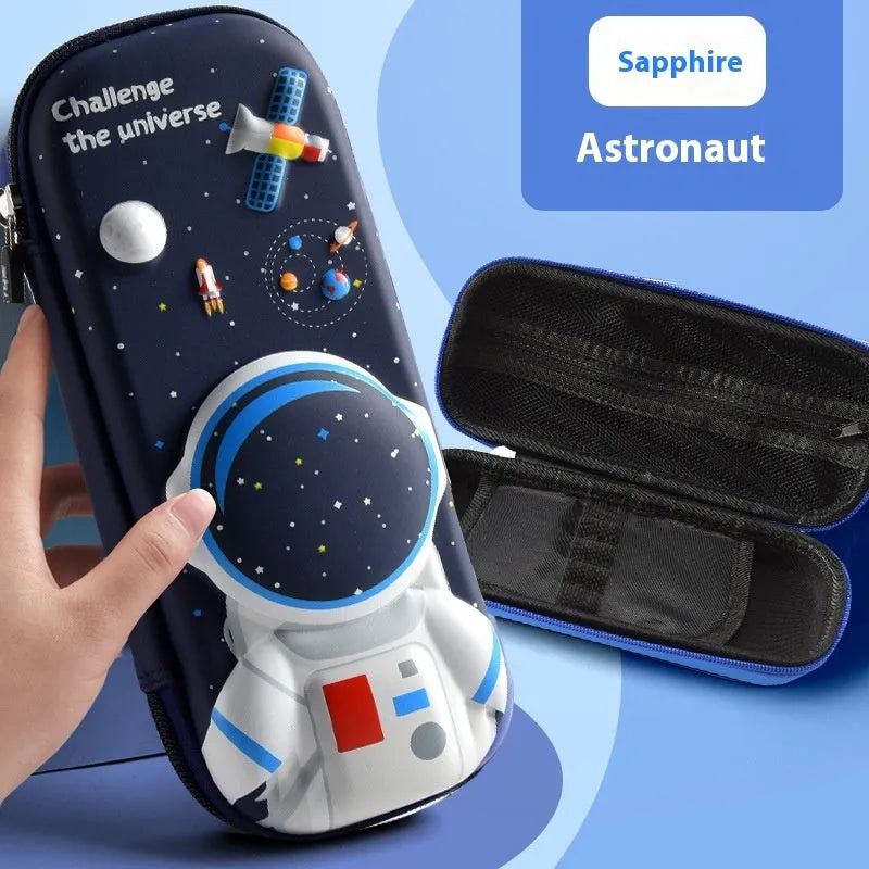 3D leather pencil case with astronaut pattern design showing textured surface and structured box shape