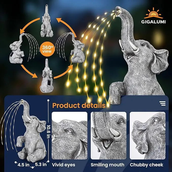 Modern grey resin elephant garden sculpture with integrated LED lighting strip