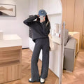 Knitted zipper cardigan and wide leg trousers two-piece set in solid colour