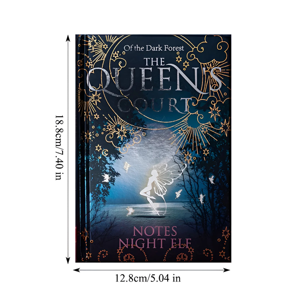 Blue A5 notebook with luminous hardcover showing night elves illustration, open to reveal full-colour printed pages