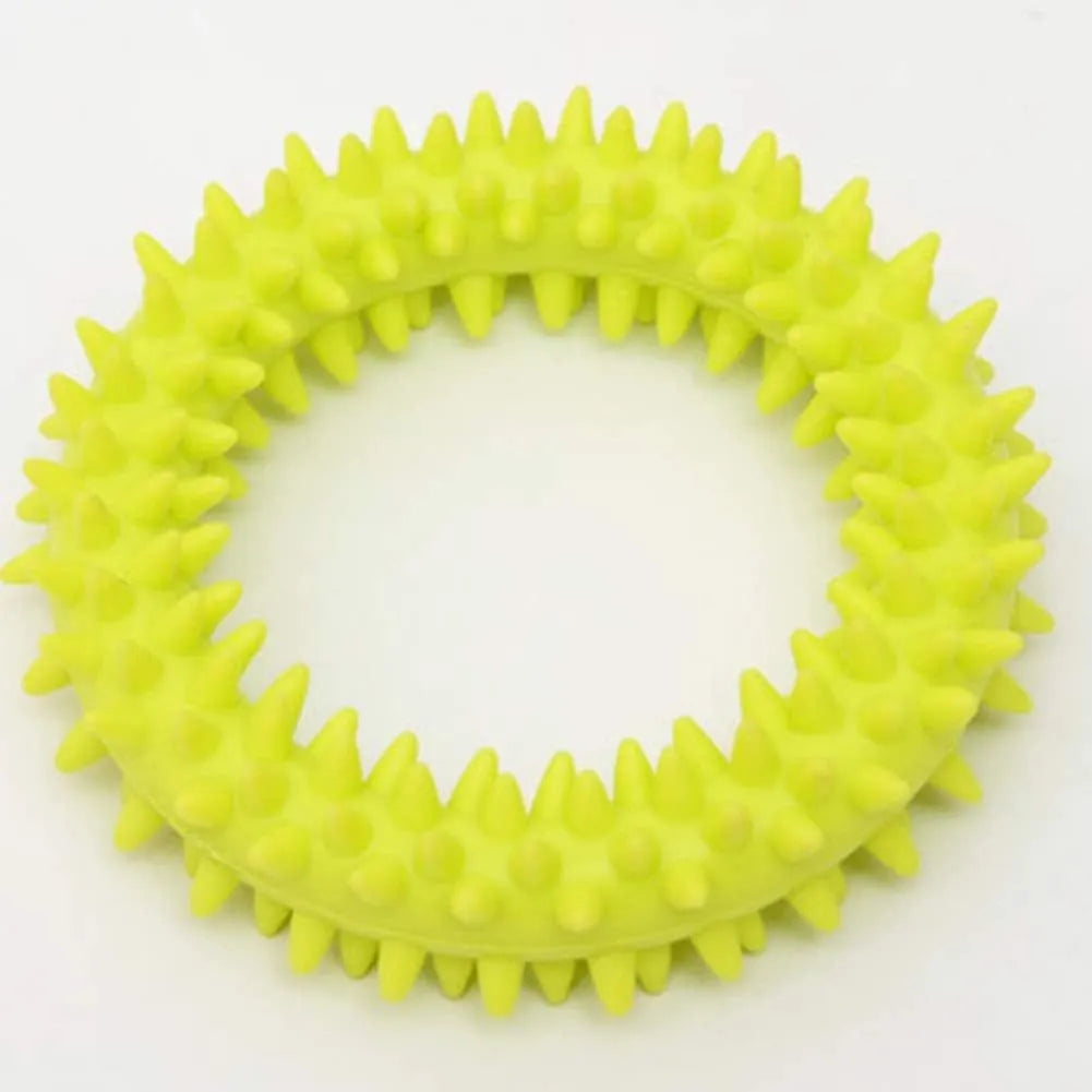 TPR spiky circle ring dog chew toy in assorted colours for dental cleaning and bite training
