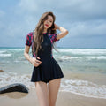 Women's dress-style one-piece swimsuit in nylon fabric with long sleeve or short sleeve options