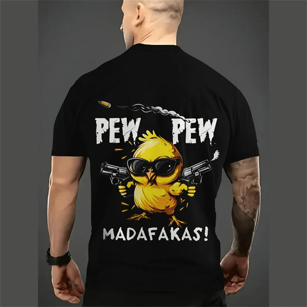 Man wearing a loose-fit short sleeve t-shirt with a colourful 3D printed cartoon design.