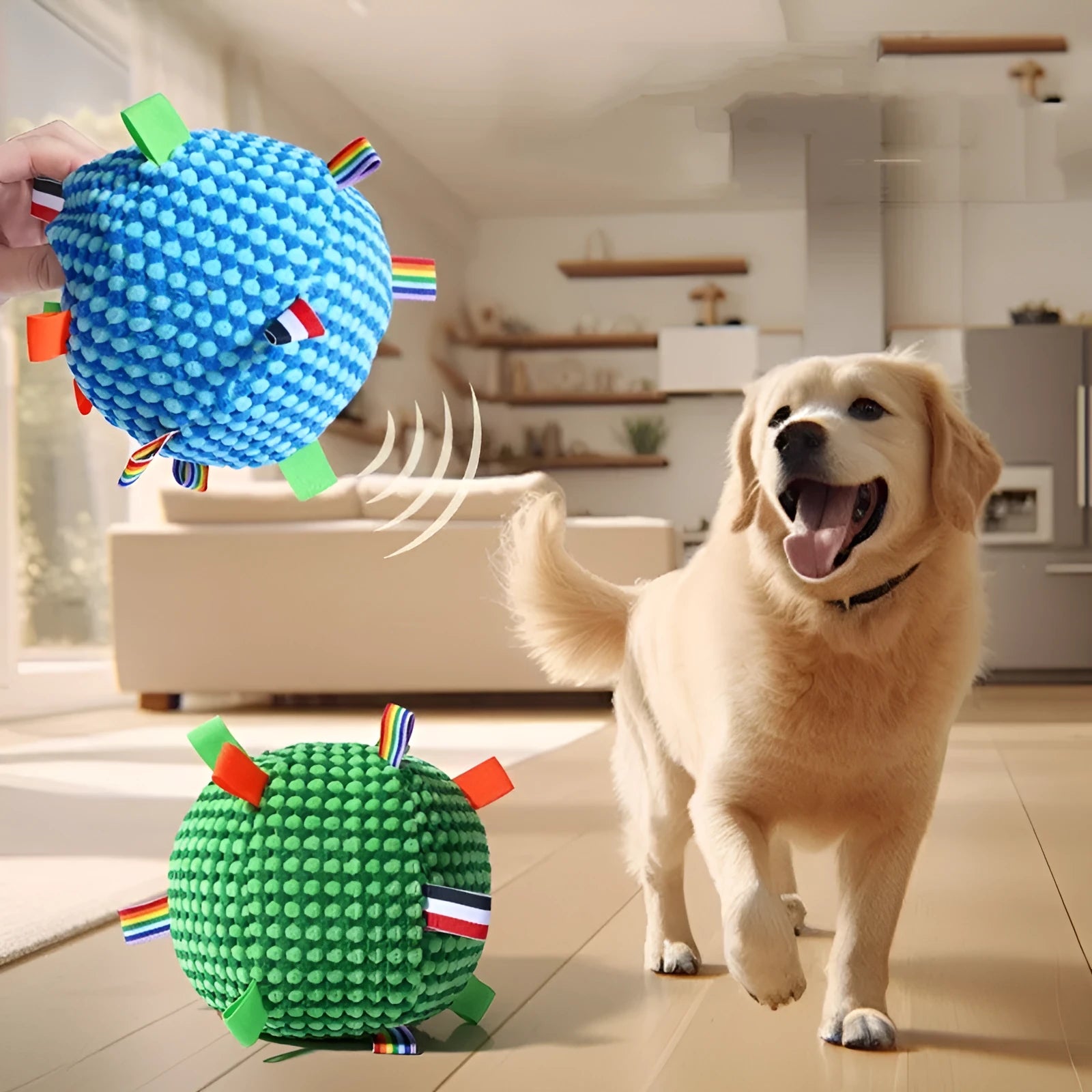 Blue and yellow textured pineapple lattice dog ball with vent holes, 17cm in diameter.