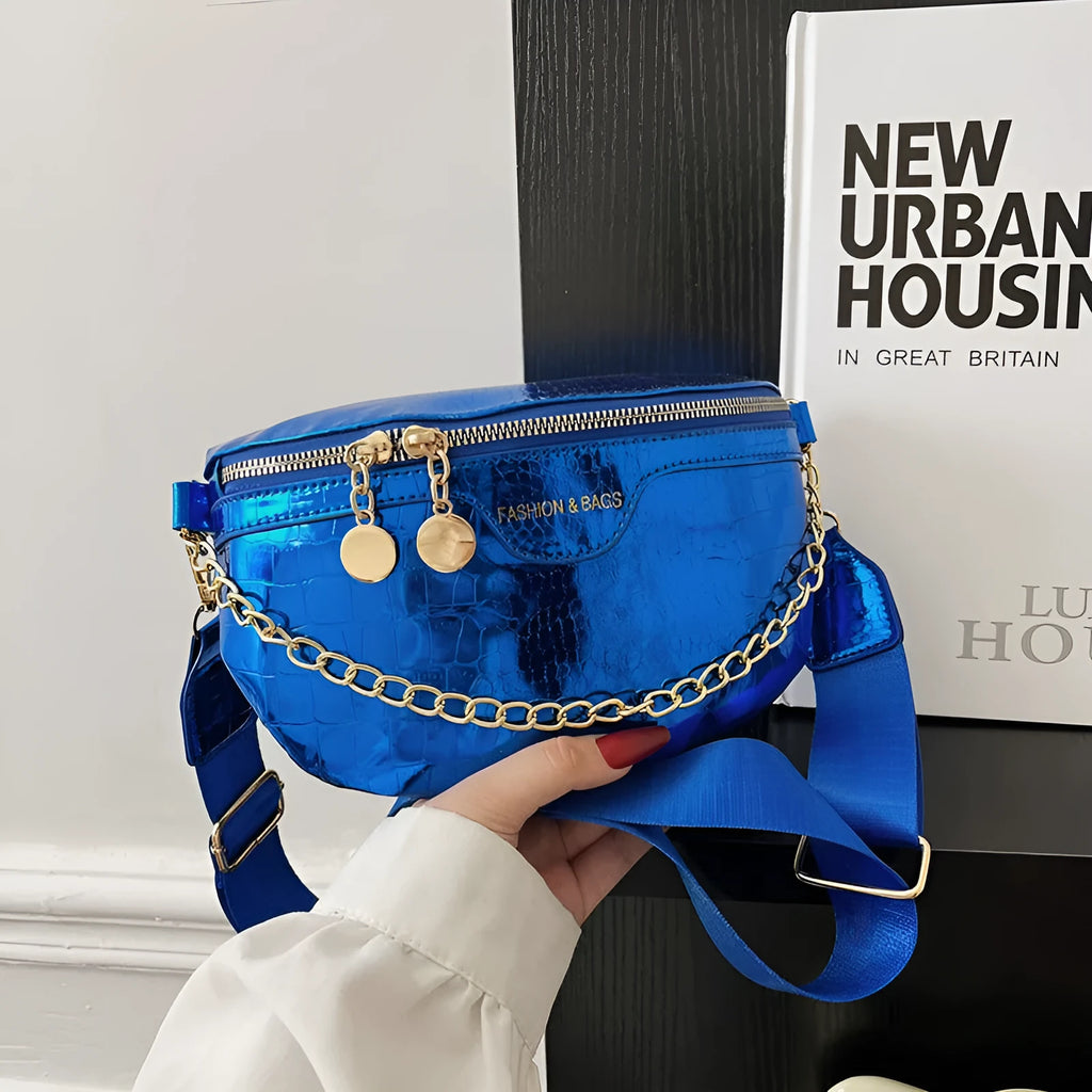 Shiny PU leather chest bag with WesternWide shoulder strap and chain detail, available in multiple colours