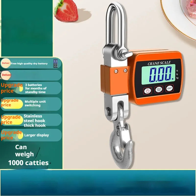 Electronic digital hook scale in orange, blue, or white showing digital display and metal hook.