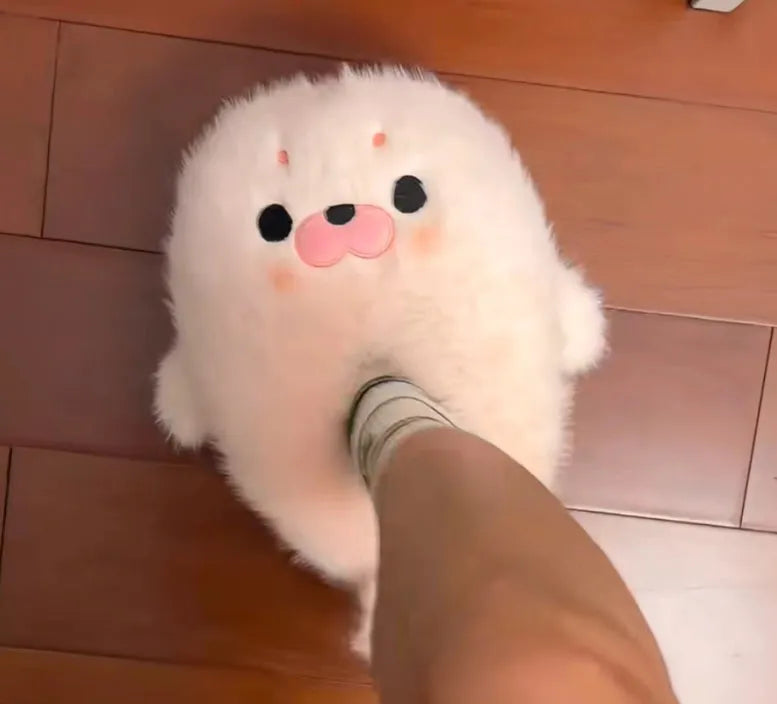 Small seal cotton shoes autumn winter warm plush toe cap slippers women cute white