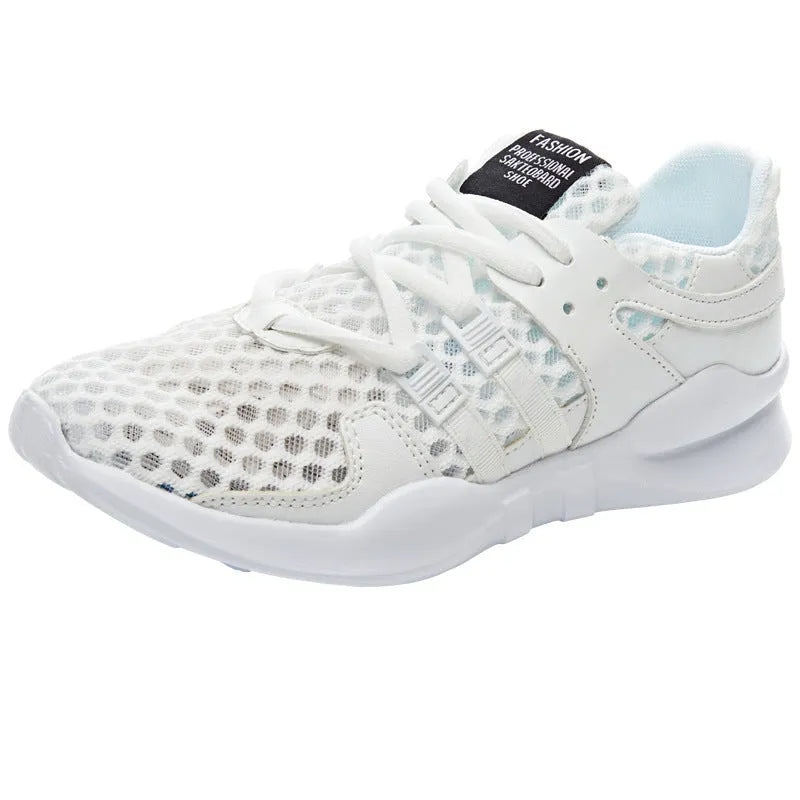 Men's breathable mesh sneakers with hollow-out design and flat EVA sole in black and white colour options
