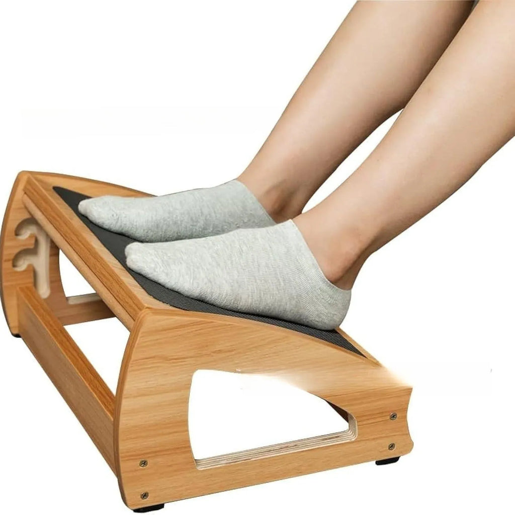 Wooden adjustable bamboo desk footstool in natural wood colour for adult office use