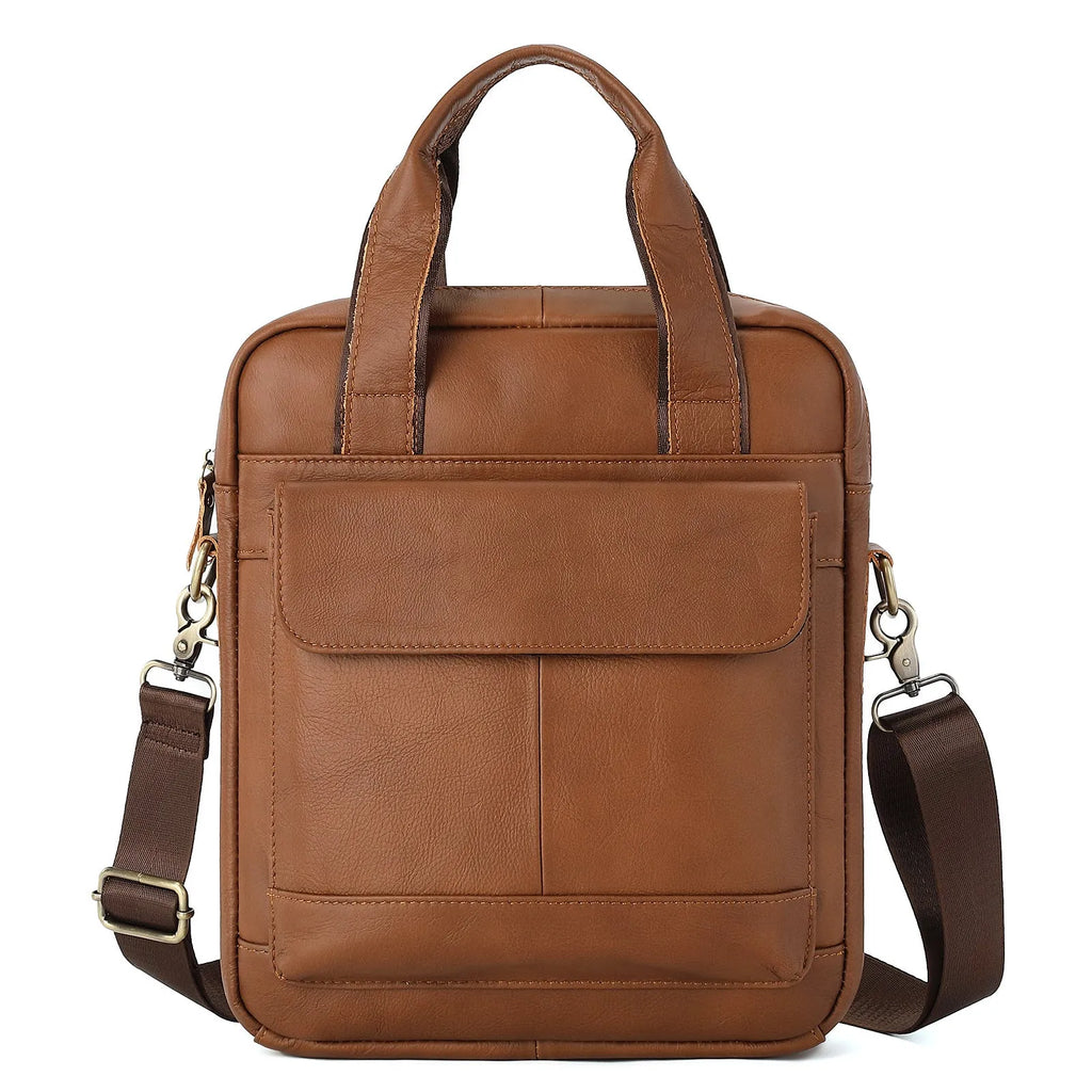 Genuine leather retro vertical briefcase men's bag with sewing thread detailing in black colour