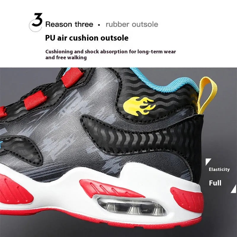 Children's rotating button running shoes in black with a cushion basketball design on a white PU sole.