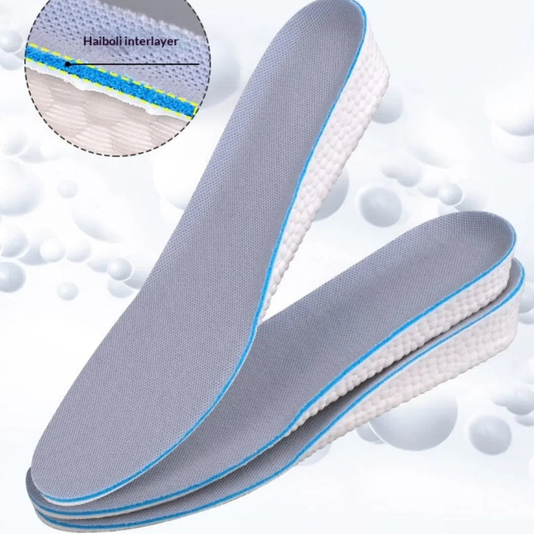 Pair of men's EVA height increasing insoles with full cushion surface and hard base in multiple lift heights