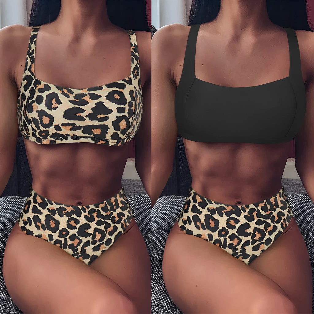 Women's high waist leopard print bikini set with push-up top and matching briefs on a mannequin.