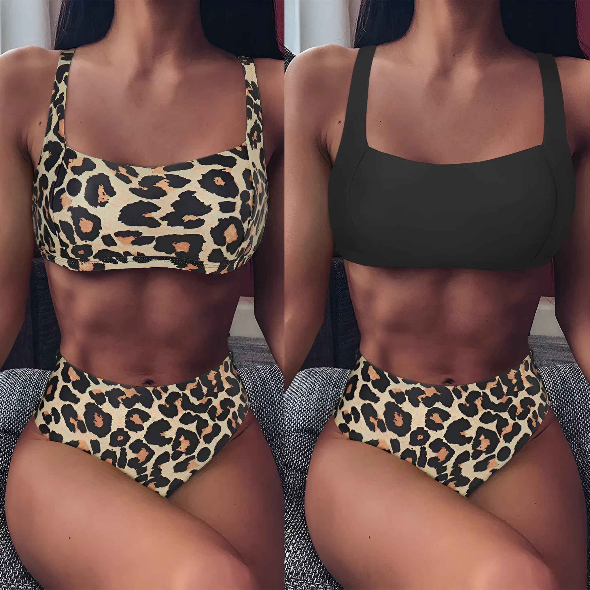Women's high waist leopard print bikini set with push-up top and matching briefs on a mannequin.