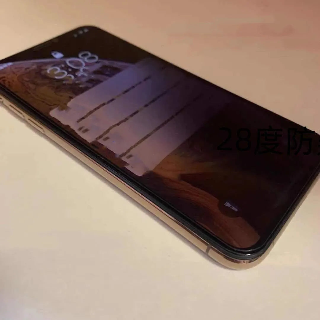 iPhone anti-peeping tempered glass screen protector showing privacy filter effect from side angle.