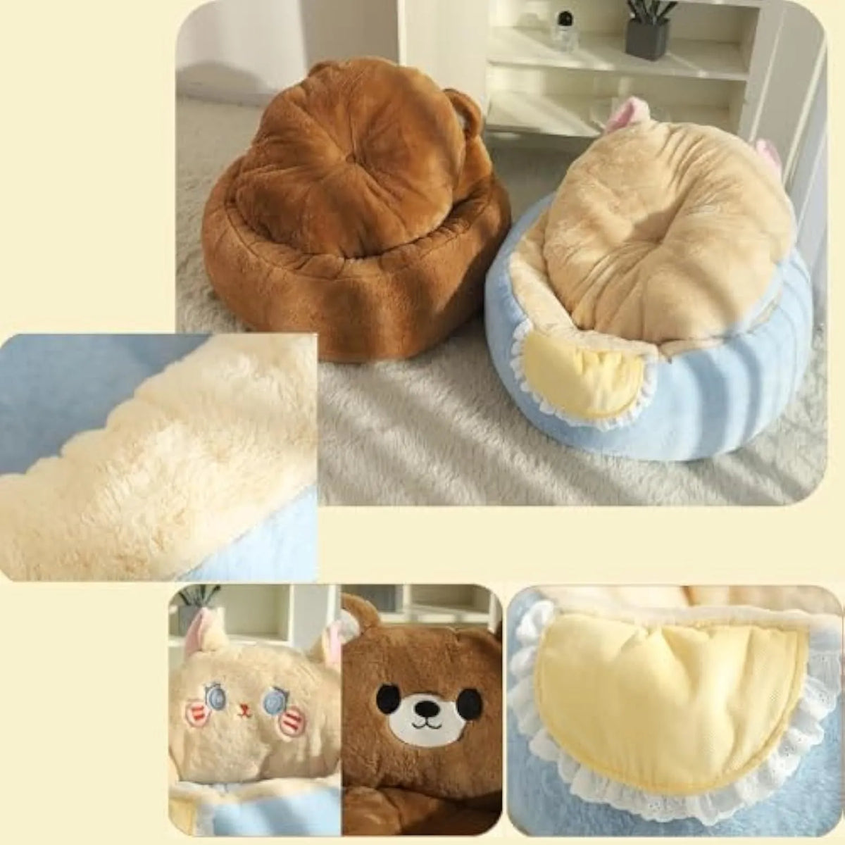 Cute bear-patterned plush cat and dog bed tent with removable cushion, available in blue or brown