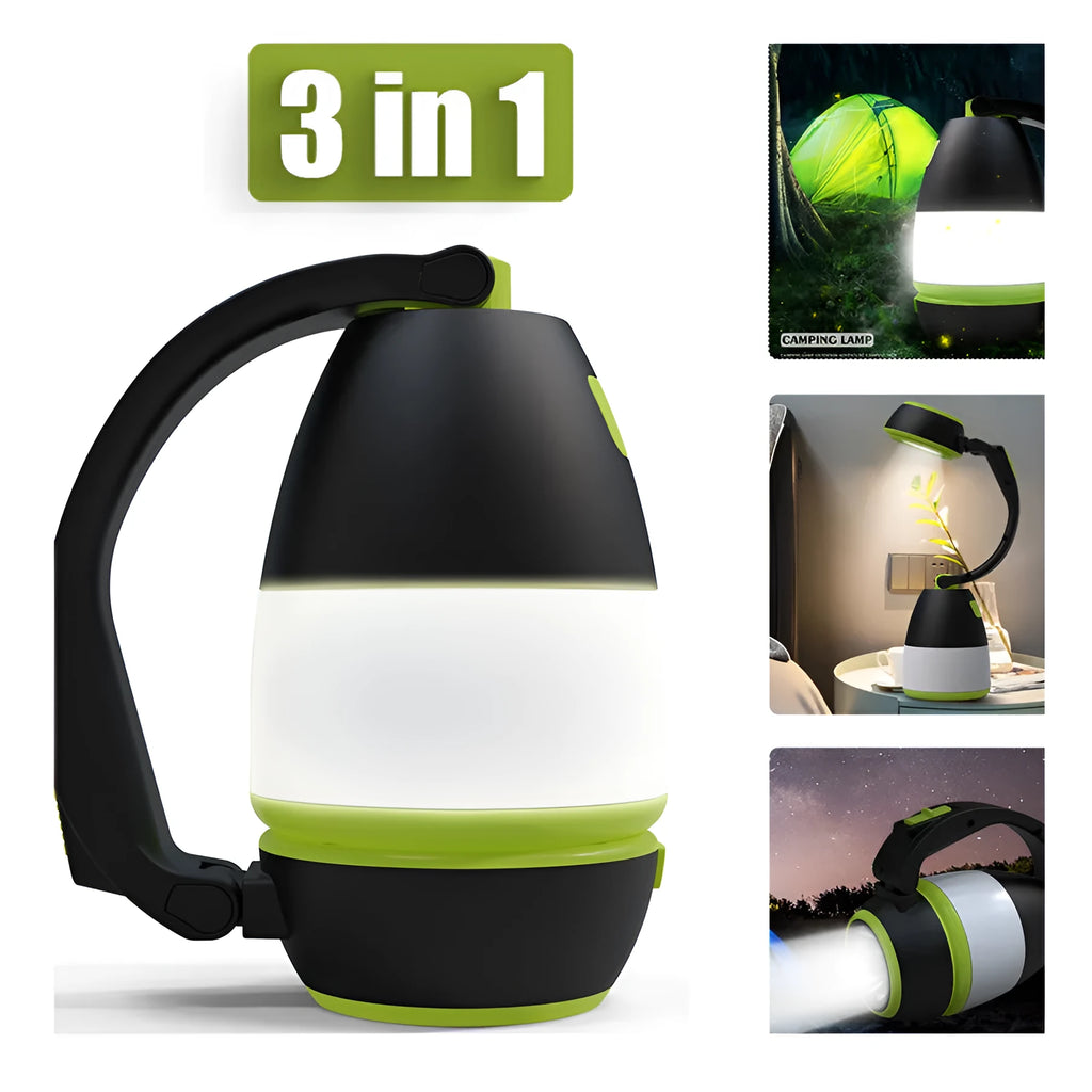 Black green multifunctional LED camping lamp with USB port shown next to a mobile phone.