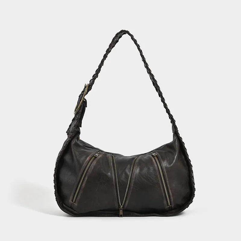 Large capacity vintage weave shoulder bag in brown with sandwich pocket and single strap