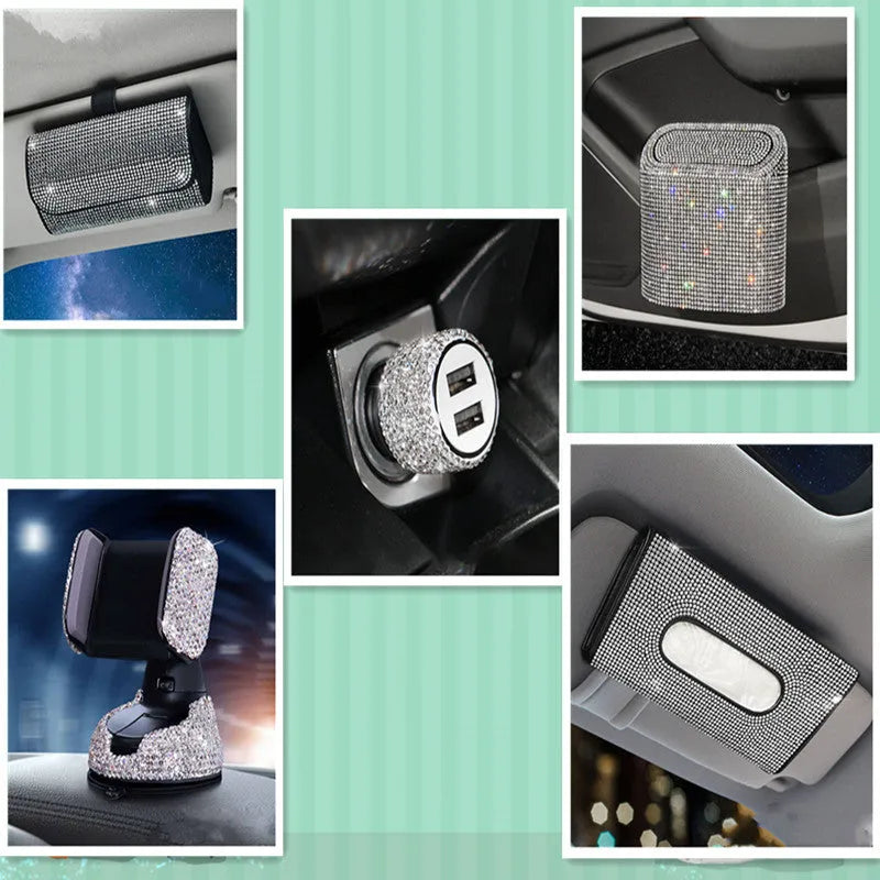 Car charger with diamond pattern design in red, white, black, pink, and AB colour options for cigarette lighter sockets.