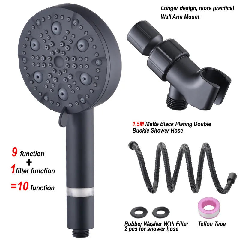 Dark matte black hand-held shower head set with filter, bracket, and hose on a white background