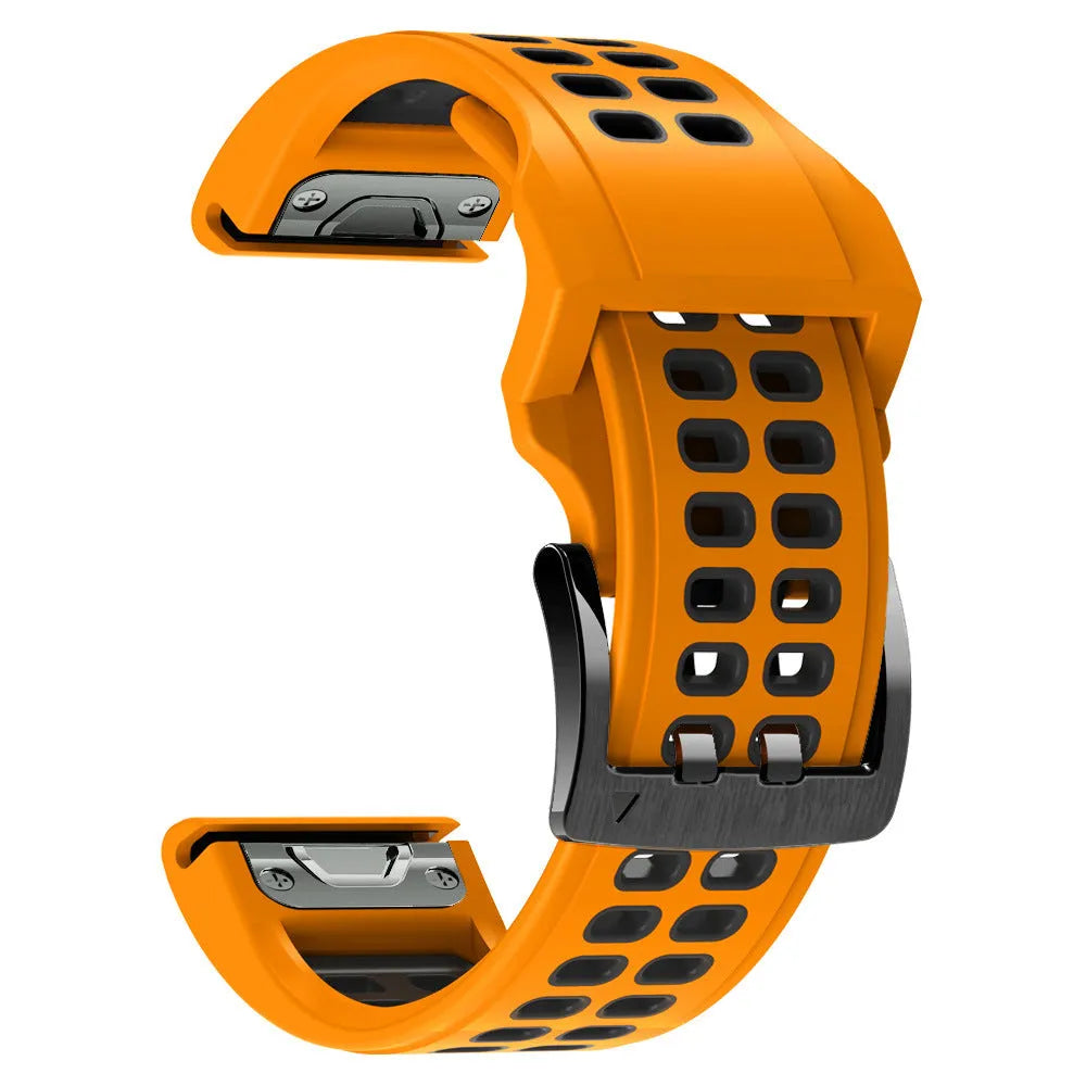 Two-colour quick-release silicone watch strap in black and lime green with pin buckle clasp.