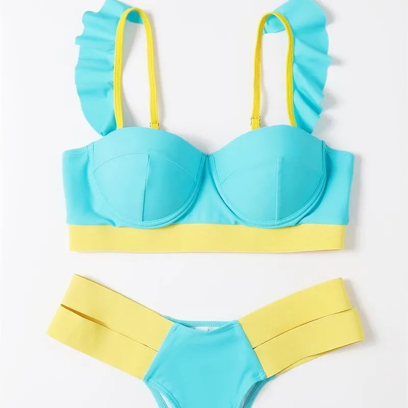 Women's contrast colour bikini swimsuit with steel bracket push-up board construction in multiple colour options