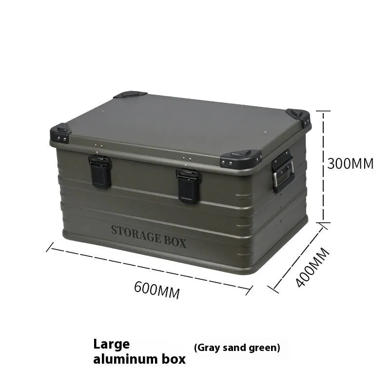 Waterproof vehicle-mounted storage box in army green, black and grey sand green colours showing medium and large sizes