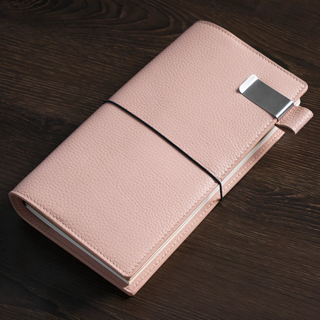Genuine leather travel notebook card holder with pen holder, three refill cores, and kraft paper pages in five colour options