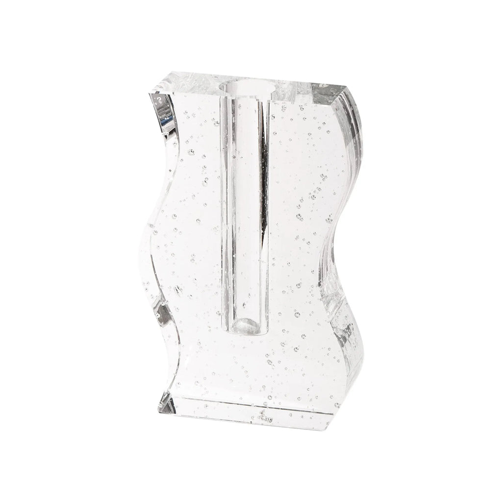Transparent crystal vase with solidified bubble patterns on a simple modern background