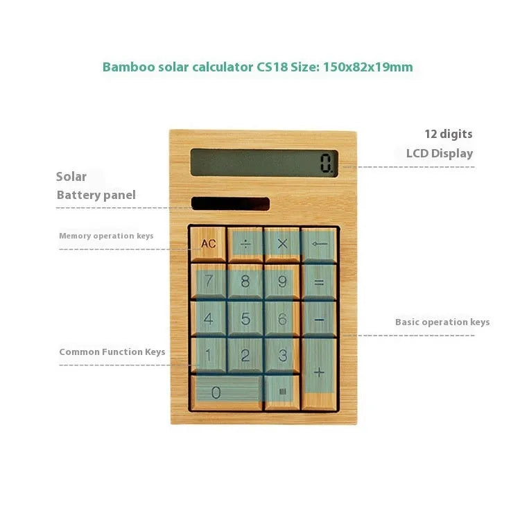 Solar bamboo calculator with natural bamboo casing and solar panel on office desk