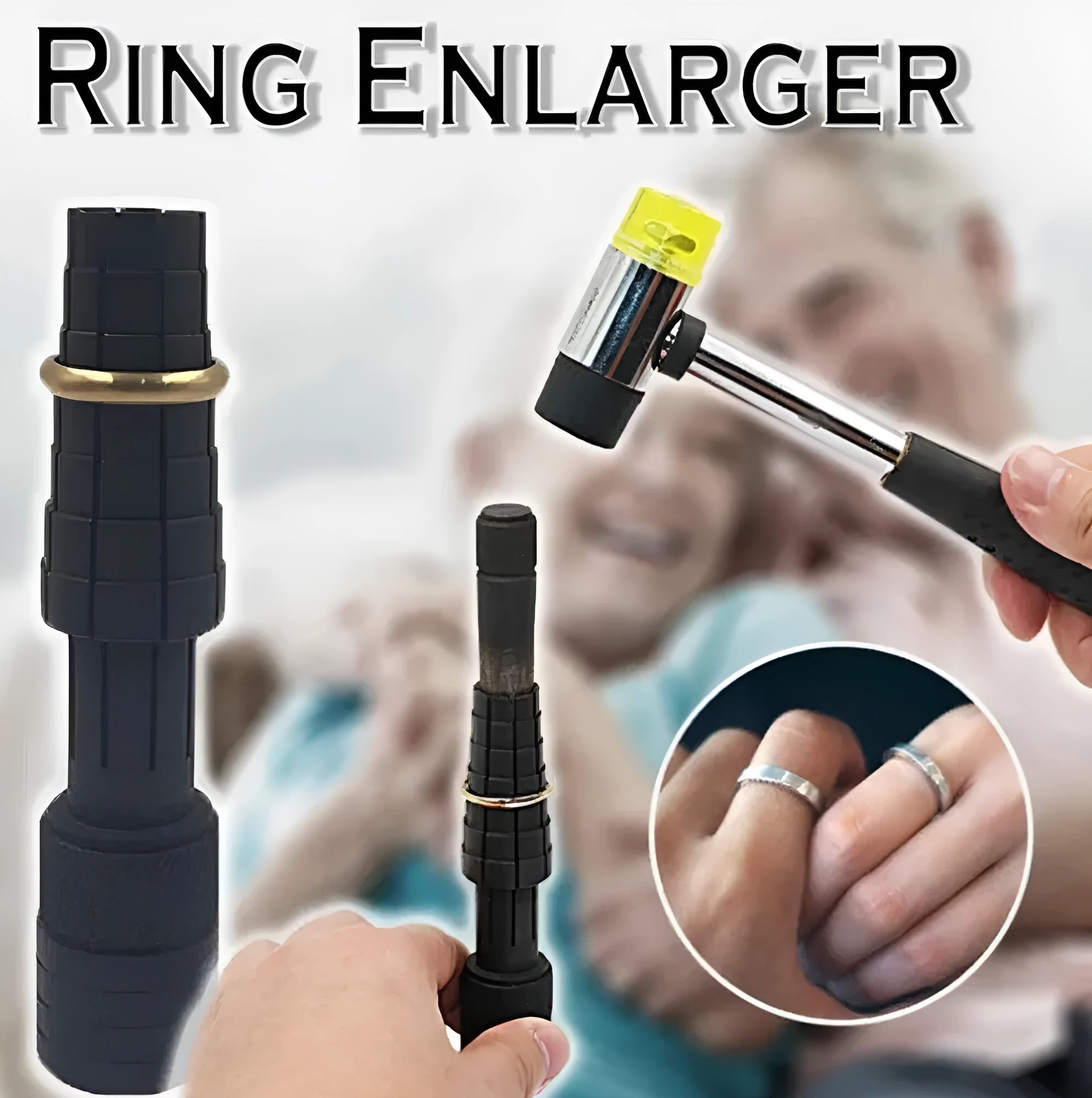 Black ring expansion tool set with base expander and rubber hammer for jewellery resizing