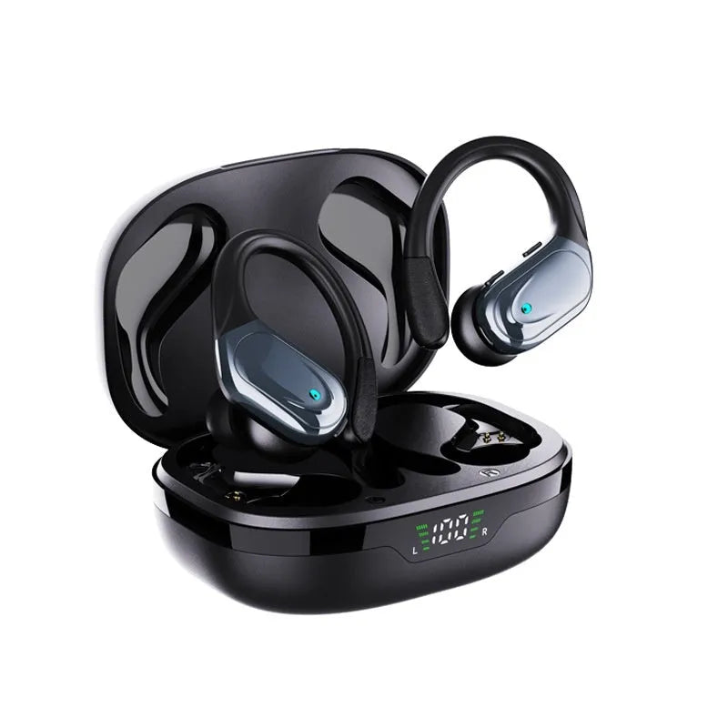 Smart digital display wireless ear-hook sports headphones with noise reduction in Black, Rose Gold, and Skin Colour
