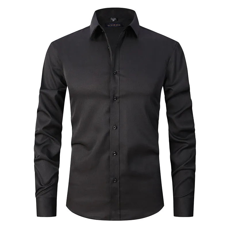 Men's stretch polyester long sleeve work shirt shown in a colour option, laid flat to show design.