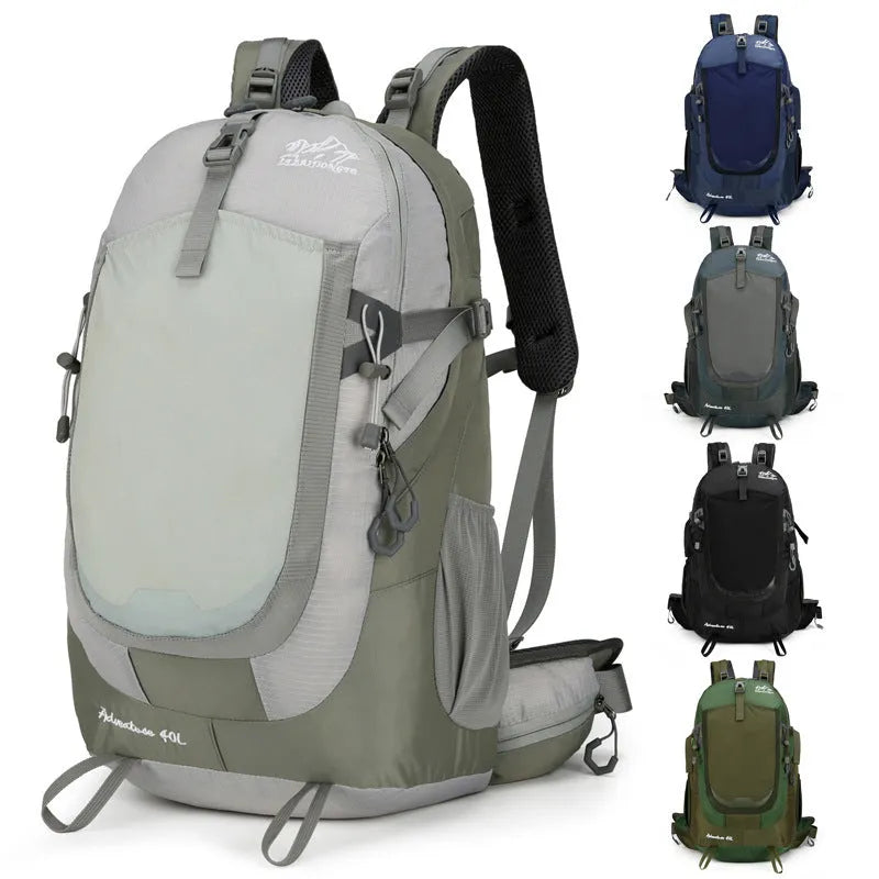New outdoor 40L unisex large capacity backpack in black with curved shoulder straps and waterproof fabric