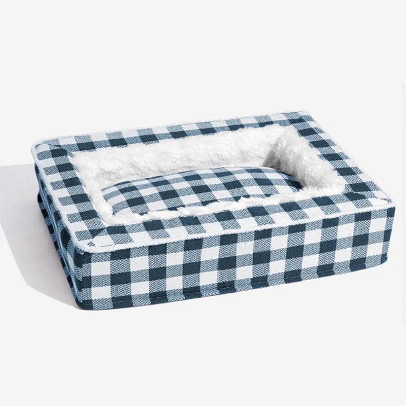 Classic plaid pattern dog cushion with removable washable cover, shown in red, for a medium dog crate.