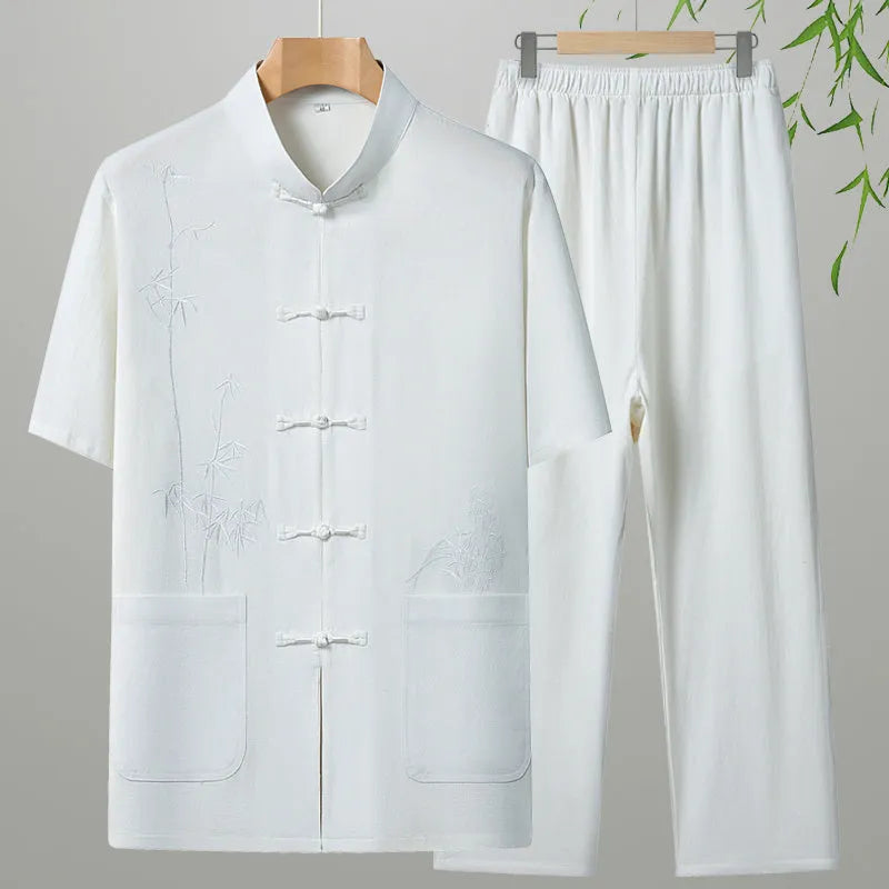 Cotton short-sleeved leisure suit for older men in multiple colour options with two-piece construction