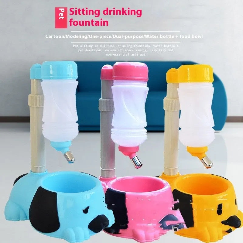Adjustable height pet drinking bowl with rod mechanism in blue, pink or yellow colours