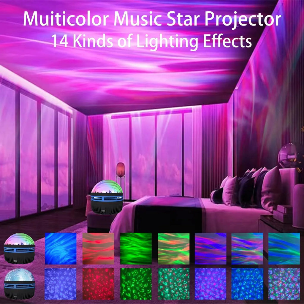 LED star galaxy projector lamp with colourful rotating patterns on a bedroom table