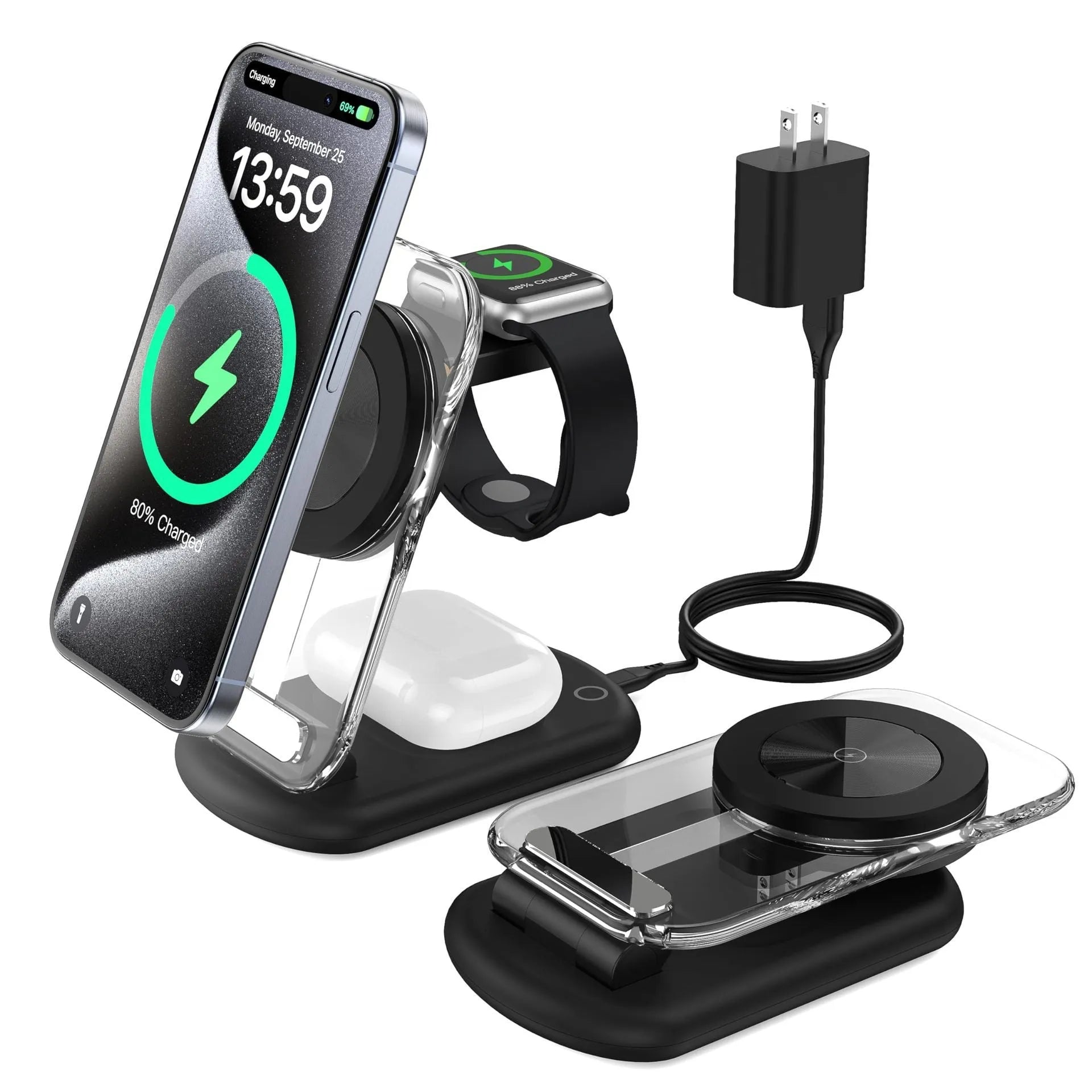 Transparent folding three-in-one magnetic wireless fast charger in black.