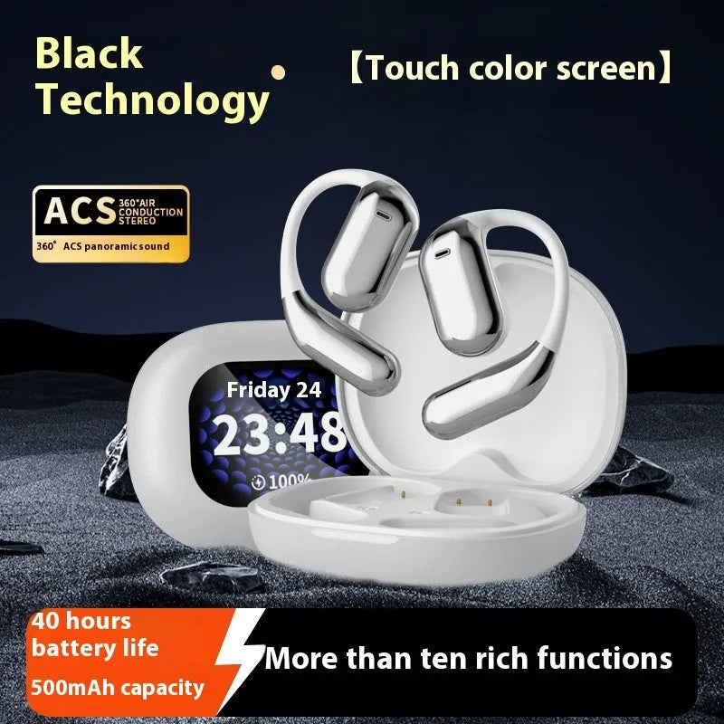 LED display ear-mounted OWS Bluetooth headset in gray with digital battery indicator and ear hook design