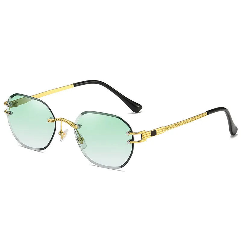 Gold metal frame sunglasses with gradient blue lenses and a box-style design.