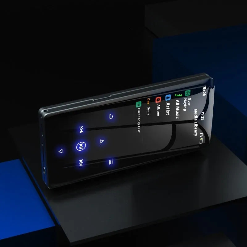 Black portable music player with 2.4-inch screen and touch buttons, featuring Bluetooth, FM radio, and e-book functions