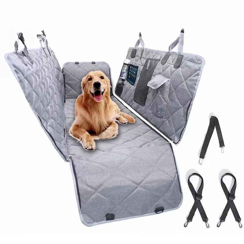 Pet car cushion fabric mat with seatbelt opening shown in black and grey colour options